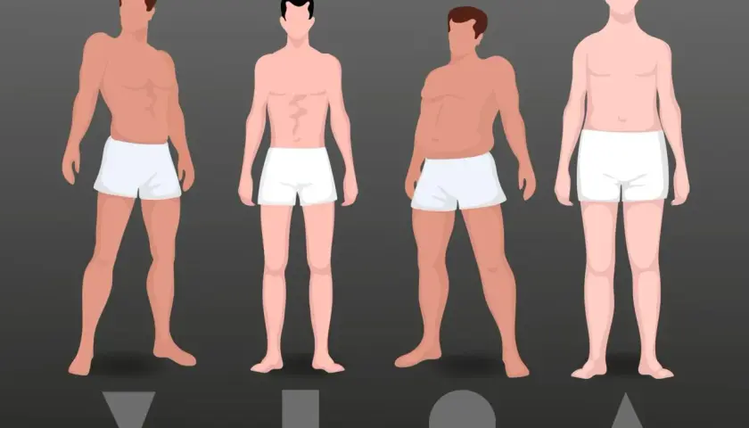 Cztery sylwetki męskie o różnej budowie ciała, ilustrujące jak zmierzyć spodnie w biodrach.