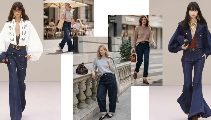 Kolekcja inspiracji: ciemne jeansy stylizacje od szerokich nogawek po dopasowane modele. Różne fasony i zestawy.