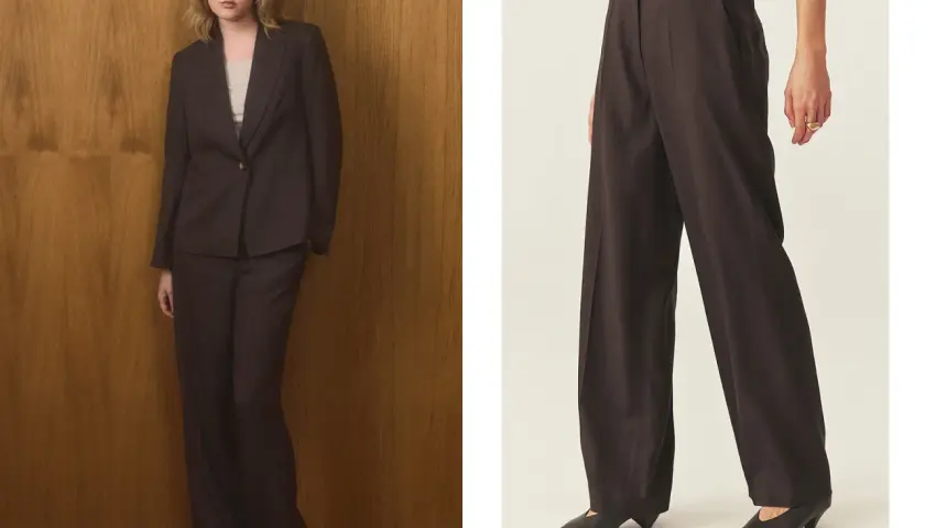 Eleganckie stylizacje wieczorowe ze spodniami: ciemny garnitur damski i szerokie spodnie z wysokim stanem.