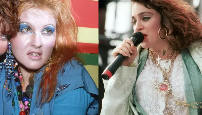 Ikony stylu lat 80.: Cyndi Lauper z kolorowym makijażem i Madonna z krzyżykami na szyi.