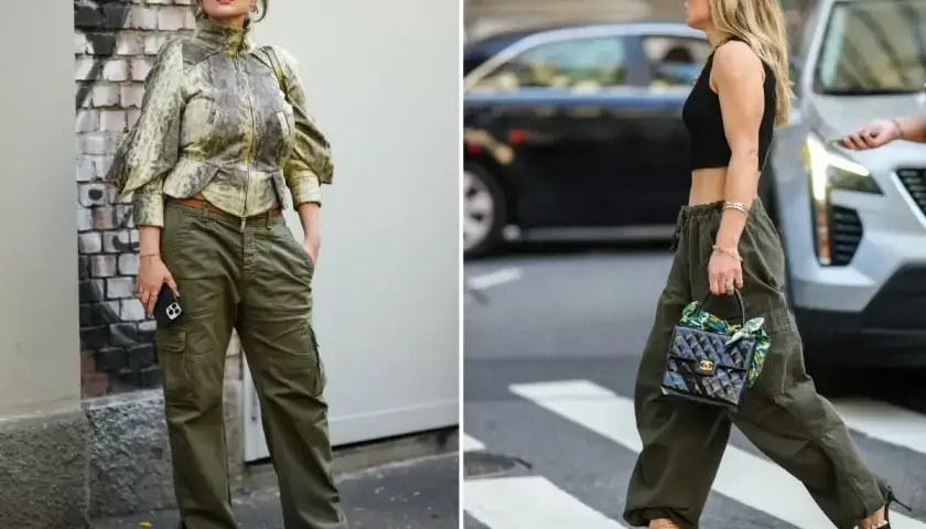 Dwie kobiety w spodniach cargo w kolorze khaki, który to kolor jest uniwersalny i modny. Jedna w bluzce z wzorem, druga w czarnym topie.