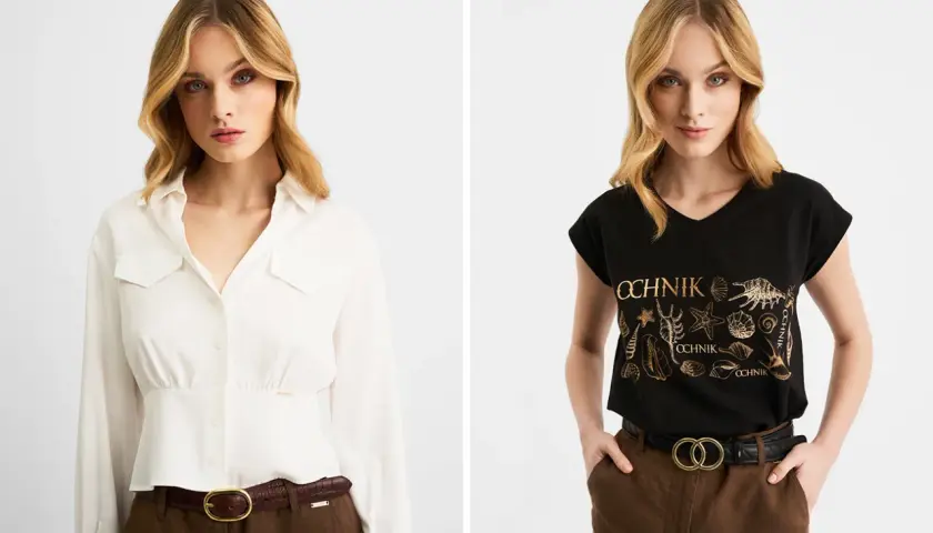 Dwie kobiety w stylizacjach z paskami. Jedna w białej koszuli, druga w czarnej bluzce z motywem muszli. Jaki pasek do jeansów damskich? Oba modele są stylowe.