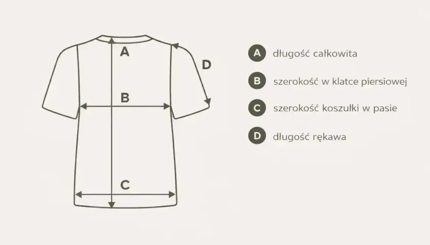 Schemat pokazuje, jak dobrać rozmiar t-shirt: długość całkowita (A), szerokość w klatce (B), szerokość w pasie (C) i długość rękawa (D).