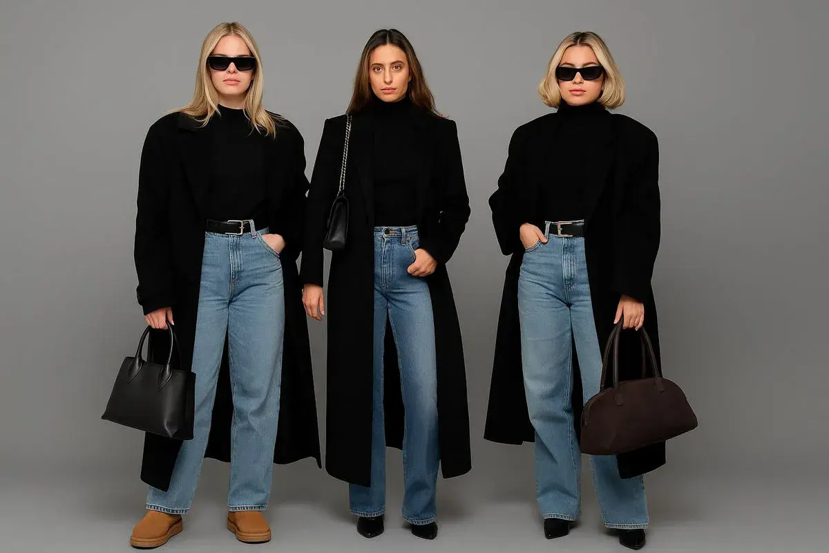 Trzy kobiety prezentują stylowe stylizacje z jeansami, czarne płaszcze i golfy tworzą elegancki kontrast.