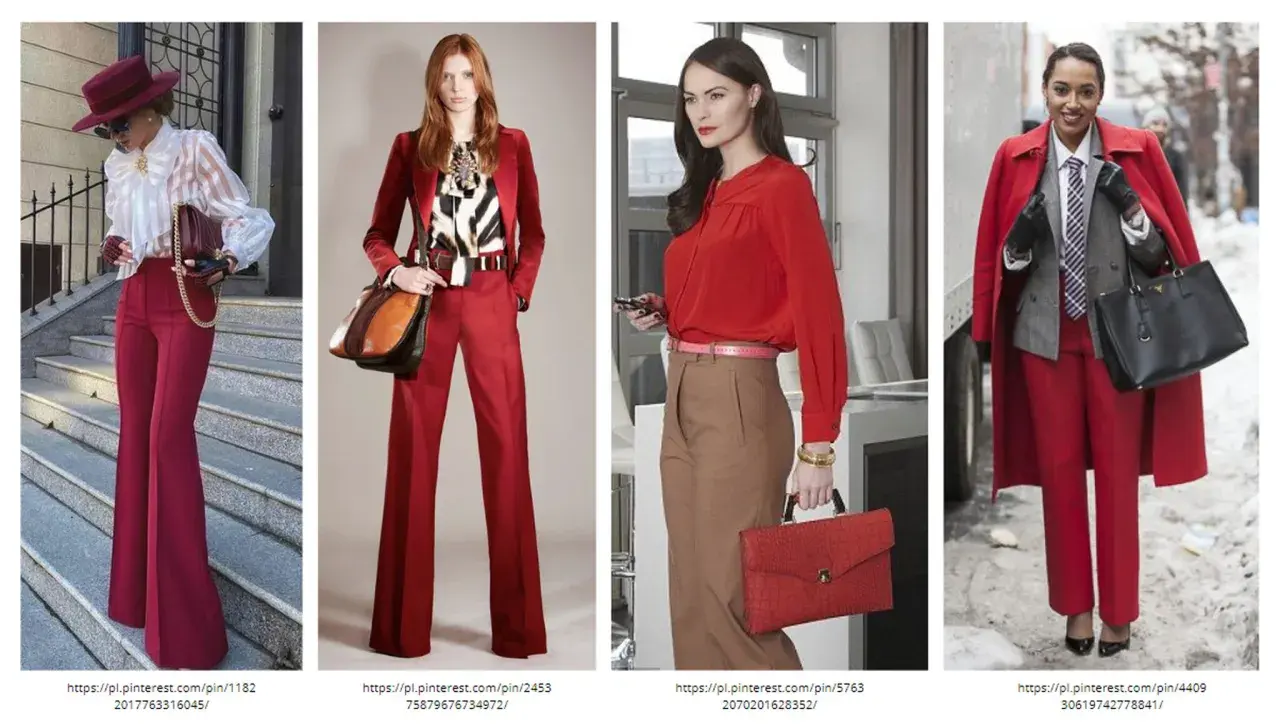 Eleganckie kobiety w stylizacjach z dominującym **kolorem bordowym** i czerwonym. Spodnie, marynarki i płaszcze tworzą modne zestawy.