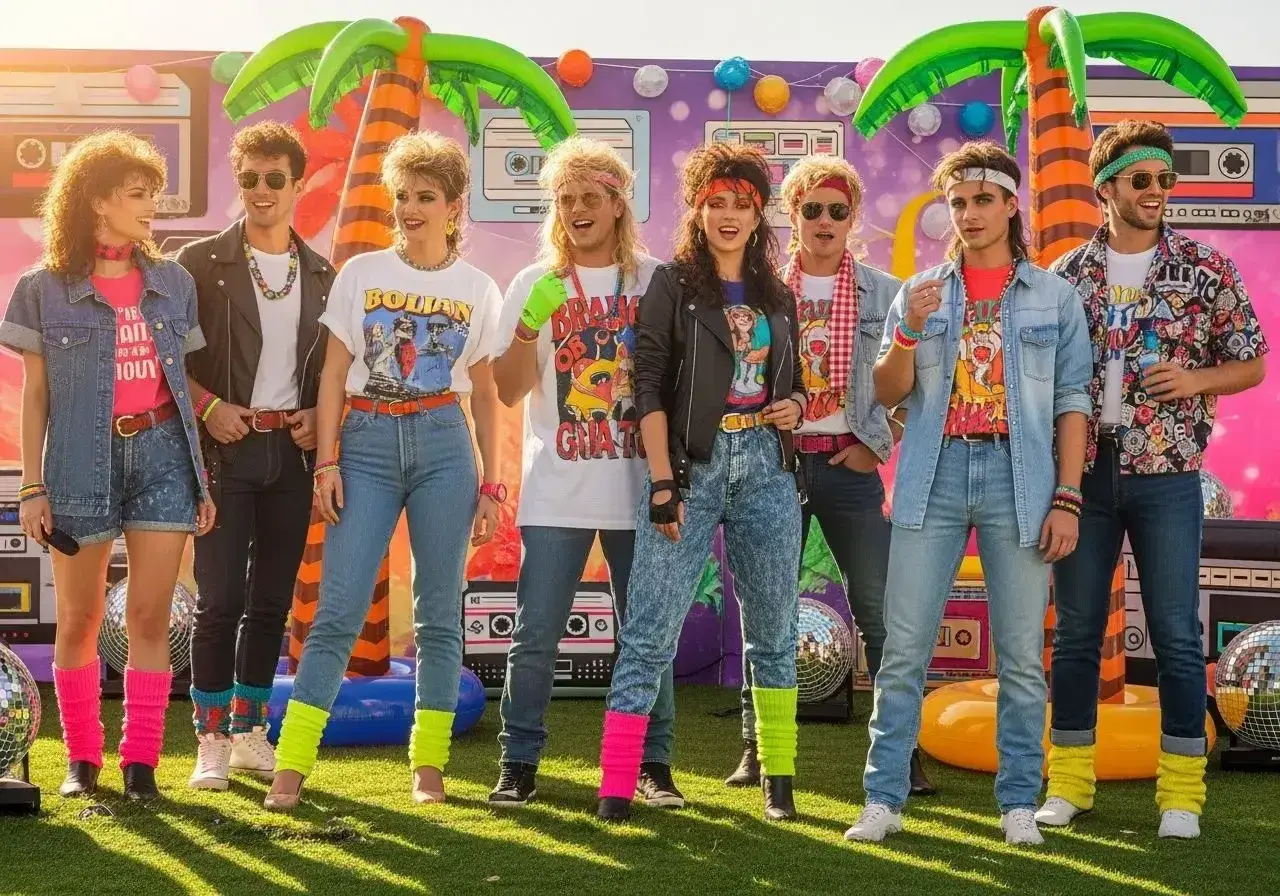 Grupa młodych ludzi w neonowych kolorach i z burzą włosów, uosabiająca styl rockowy lat 80.