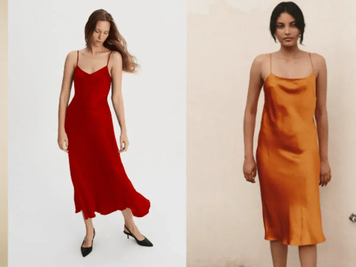 Eleganckie sukienki na ramiączkach w kolorze czerwonym i pomarańczowym. Świetne dress code przykłady na letnie wieczory.