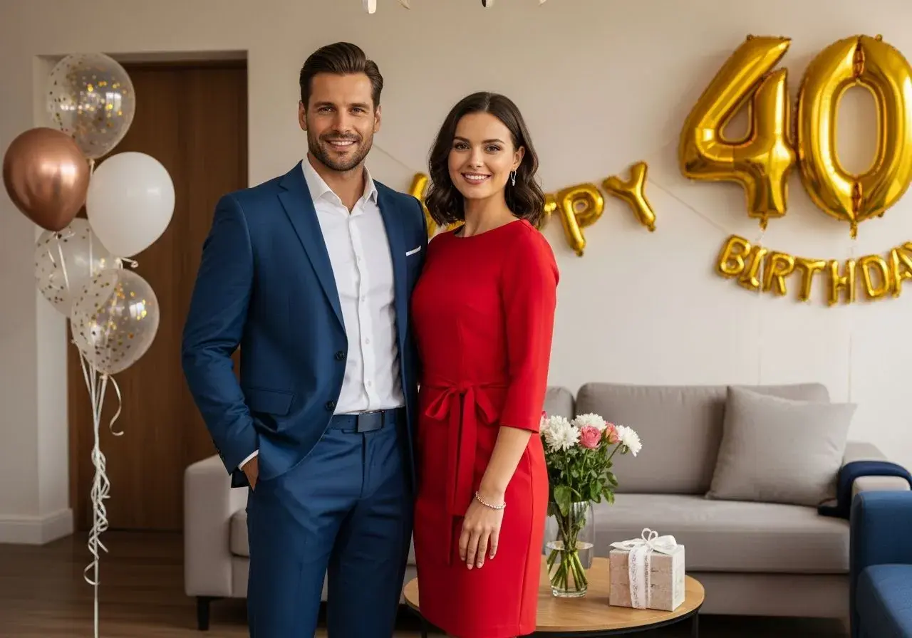 Elegancka para świętuje 40. urodziny. On w granatowym garniturze, ona w czerwonej sukience. Idealne stroje, by wiedzieć, w co się ubrać na 40 urodziny.