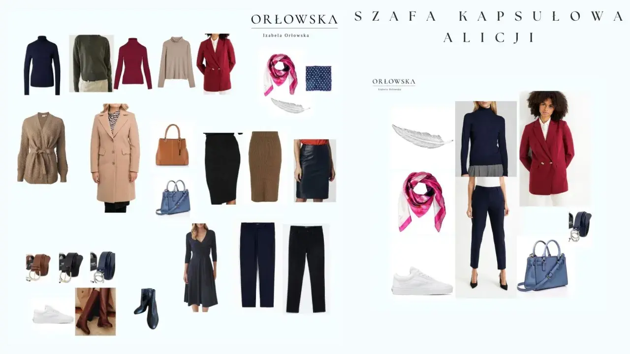 Kolekcja Orłowska Szafa Kapsułowa: płaszcz, marynarki, swetry, spódnice, spodnie, sukienka, torebki, buty i akcesoria. Różne nazwy stylów ubioru.