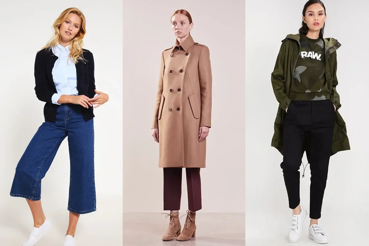 Trzy kobiety prezentują styl normcore: jedna w kardiganie i dzwonach, druga w beżowym płaszczu, trzecia w parkze i czarnych spodniach.