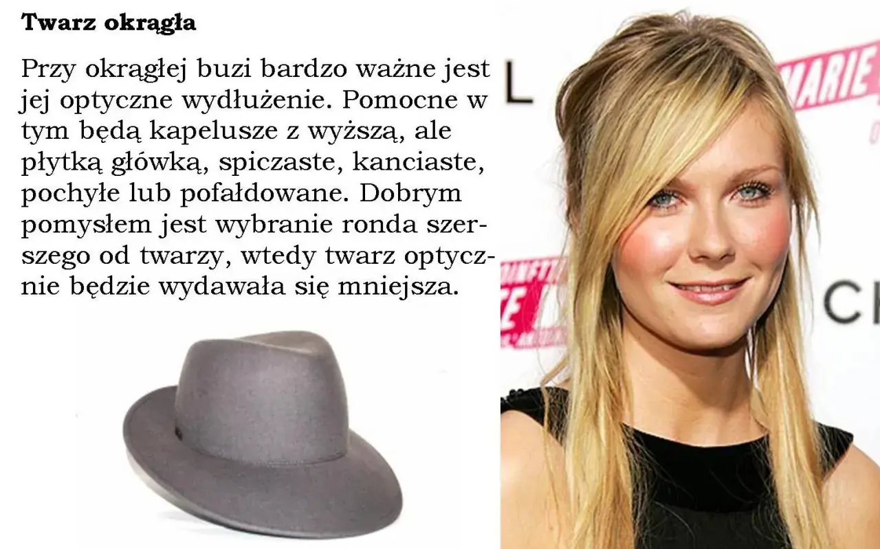Jaki kapelusz do okrągłej twarzy? Wybierz ten z wyższą główką i szerokim rondem, by optycznie wysmuklić buzię.