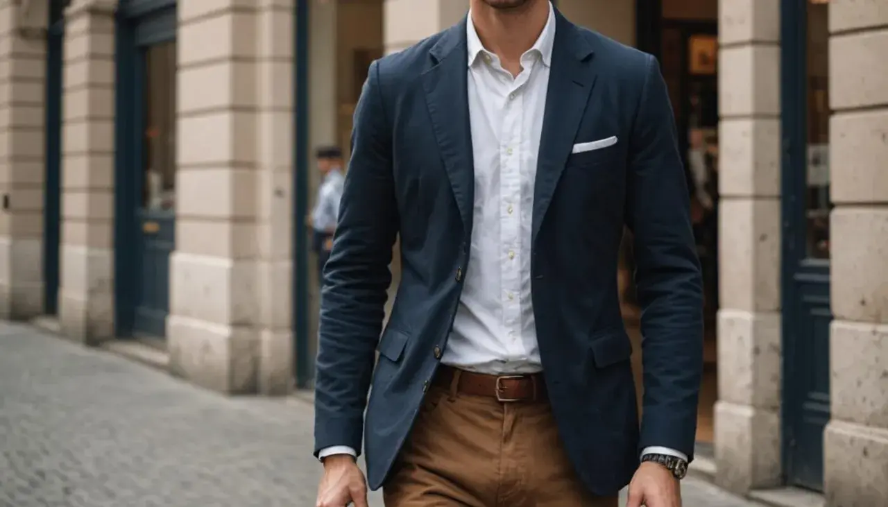 Mężczyzna w granatowej marynarce, białej koszuli i brązowych spodniach, prezentujący elegancki dress code.