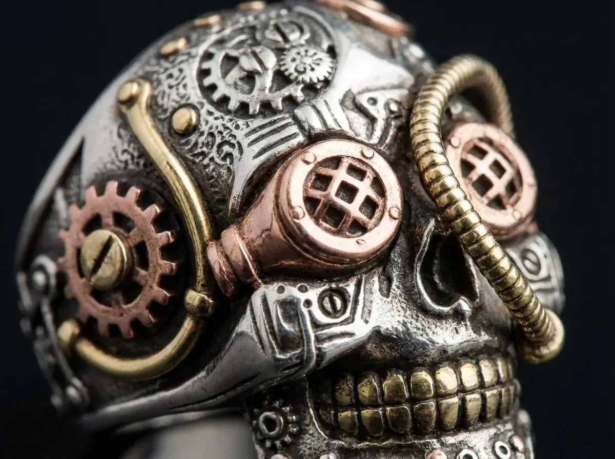 Metalowa czaszka w stylu steampunk, ozdobiona zębatkami, miedzianymi okularami i złotymi elementami.