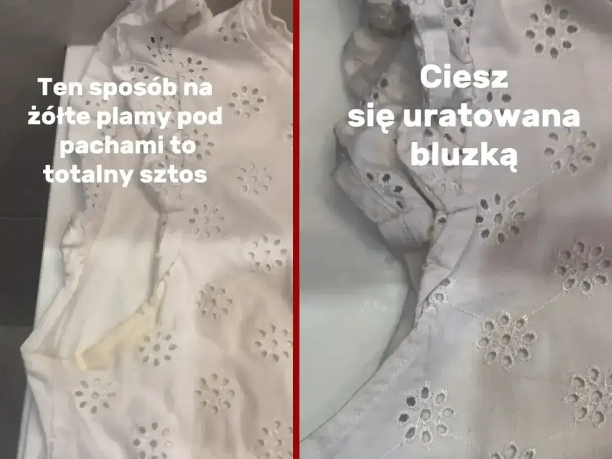 Biała bluzka z haftem, po lewej widać żółte plamy pod pachami, po prawej czysta. Ten sposób na jak odplamić białą bluzkę to hit!