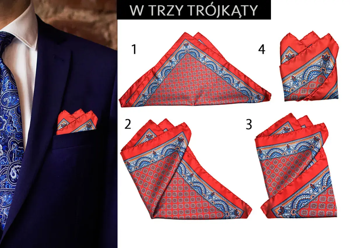 Elegancka poszetka w granatowej marynarce. Obok cztery sposoby jej składania w trójkąty.