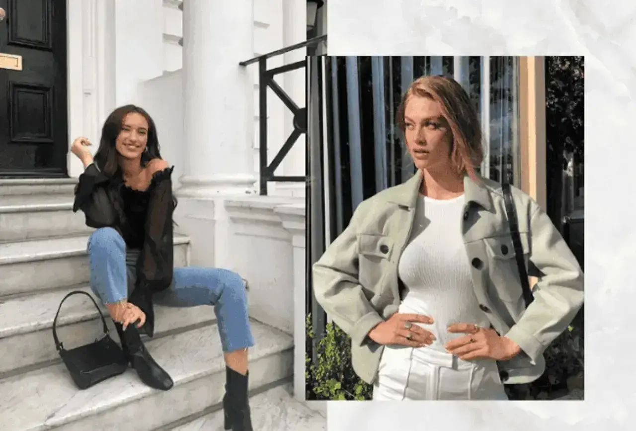 Dwie kobiety prezentują stylowe stylizacje do kina: jedna w czarnej bluzce i jeansach, druga w jasnej kurtce i białym topie.