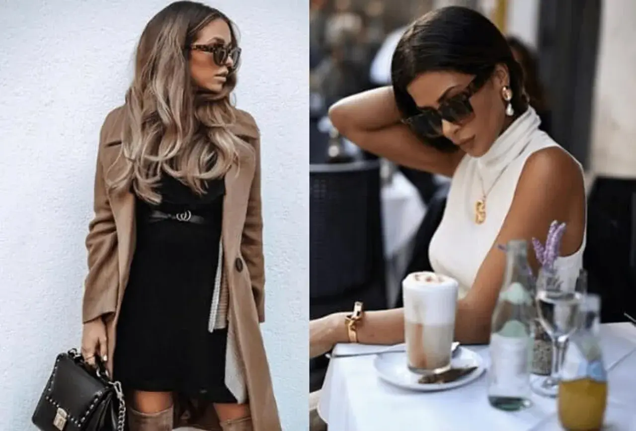 Eleganckie stylizacje na wyjście do pubu: czarna sukienka z beżowym płaszczem i torebką, biały golf z naszyjnikiem i okularami.