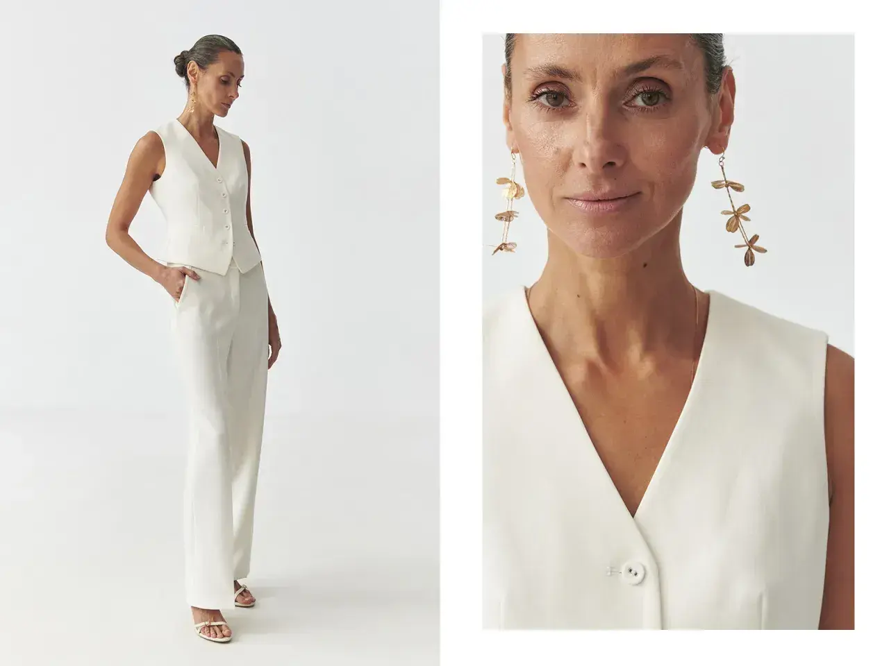 Elegancka stylizacja semi casual: biały garnitur z kamizelką i szerokimi spodniami, uzupełniony o długie, złote kolczyki.