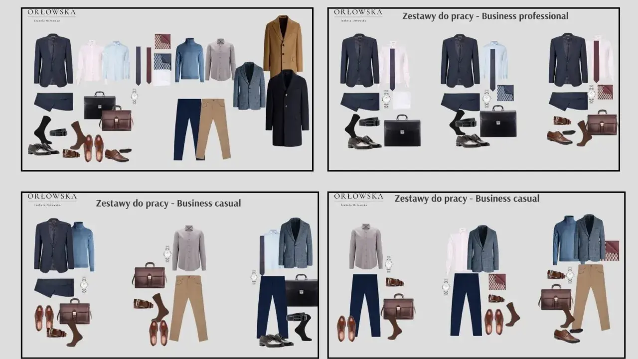 Męski strój business casual: marynarki, koszule, swetry, spodnie, buty, torby i akcesoria. Idealne zestawy do pracy.