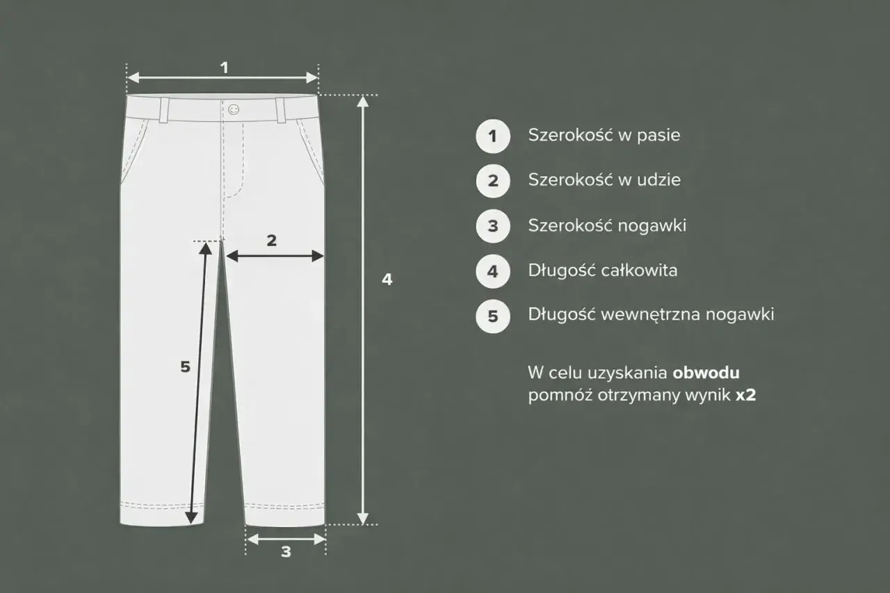 Ilustracja spodni z wymiarami: szerokość w pasie, udzie, nogawce, długość całkowita i wewnętrzna.