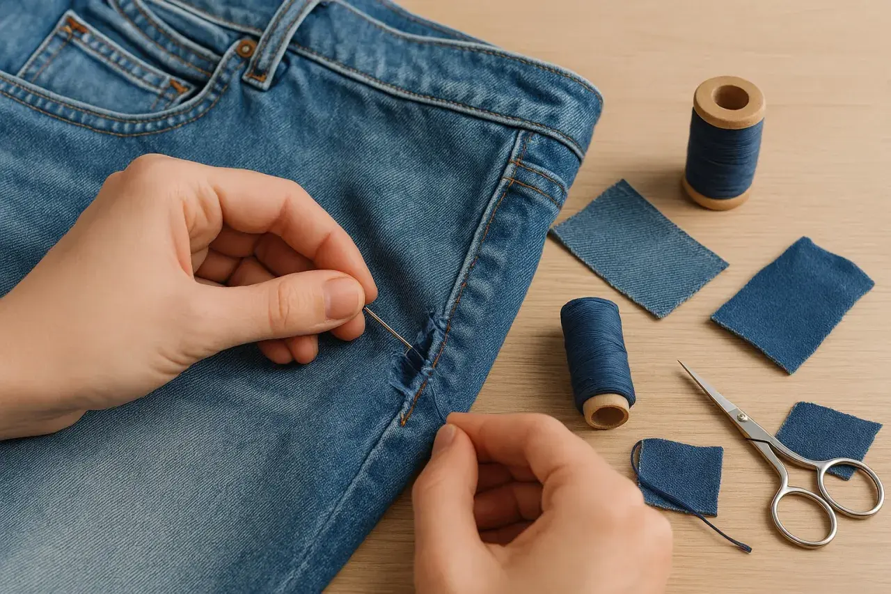 Ręczne zszywanie spodni w kroku. Dwie dłonie z igłą i nitką naprawiają przetarcie na dżinsach. Obok leżą tamborek, nożyczki i kawałki dżinsu.