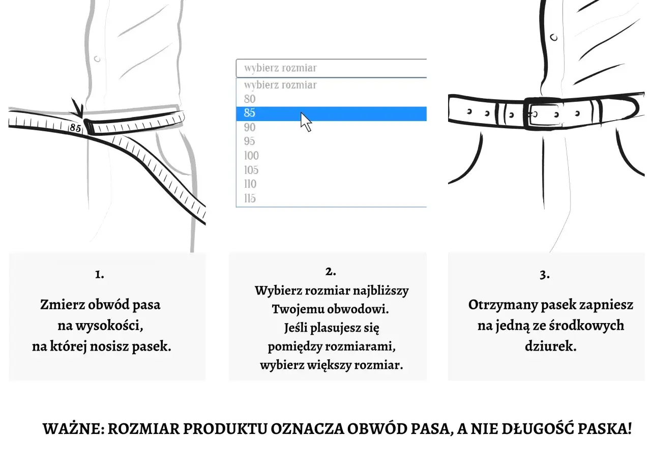 Pasek 110 cm jaki to rozmiar? Ilustracja pokazuje, jak zmierzyć obwód pasa i wybrać odpowiedni rozmiar paska.