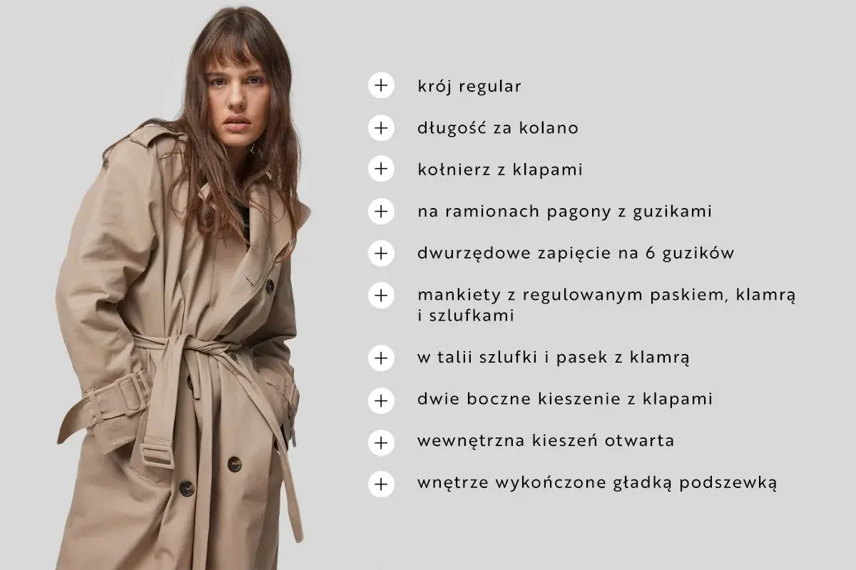 Modelka prezentuje beżowy trencz z paskiem w talii. Dowiedz się, jak nosić trencz, by wyglądać stylowo.