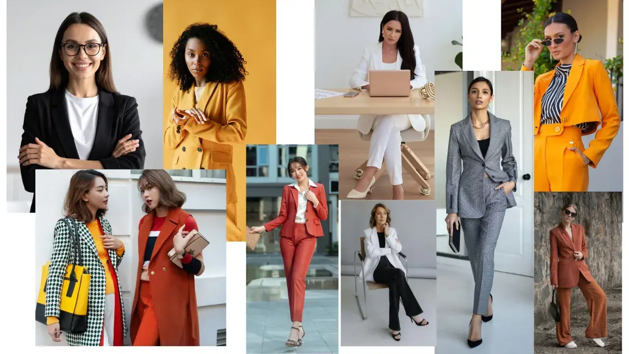 Kobiety w eleganckich stylizacjach biznesowych: garnitury, marynarki, spodnie. Różne kolory i wzory, inspiracje do **business dress code**.