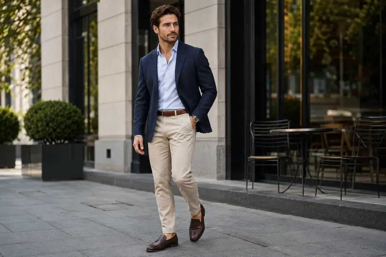 Mężczyzna w granatowej marynarce i beżowych spodniach, prezentujący styl smart casual, idzie chodnikiem przed kawiarnią.
