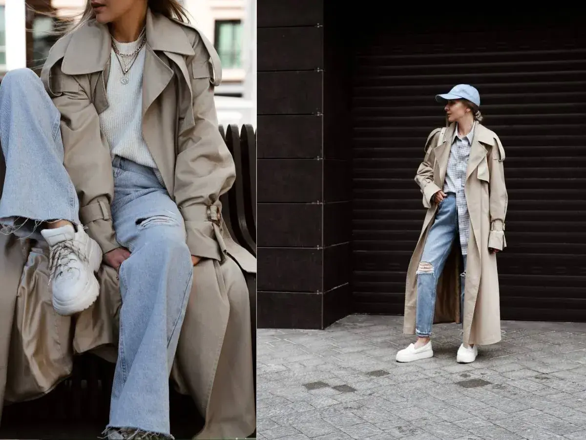 Inspiracja na co dzień: jak się ubierać w beżowy prochowiec, jeansy i sneakersy. Casualowy szyk.