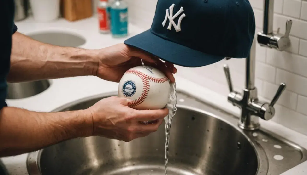 Ręce płuczą piłkę baseballową pod bieżącą wodą, przygotowując się do tego, jak wyprać czapkę z daszkiem.