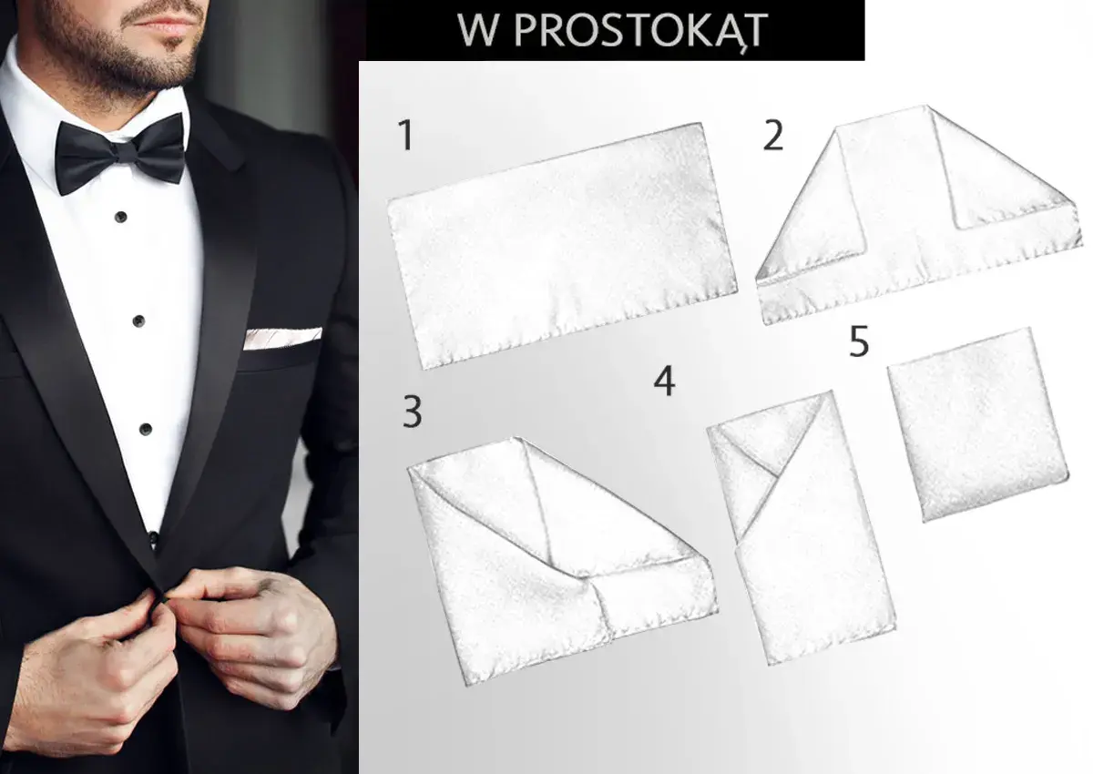 Elegancki mężczyzna w czarnej marynarce z poszetką. Obok instrukcja składania poszetki w prostokąt.