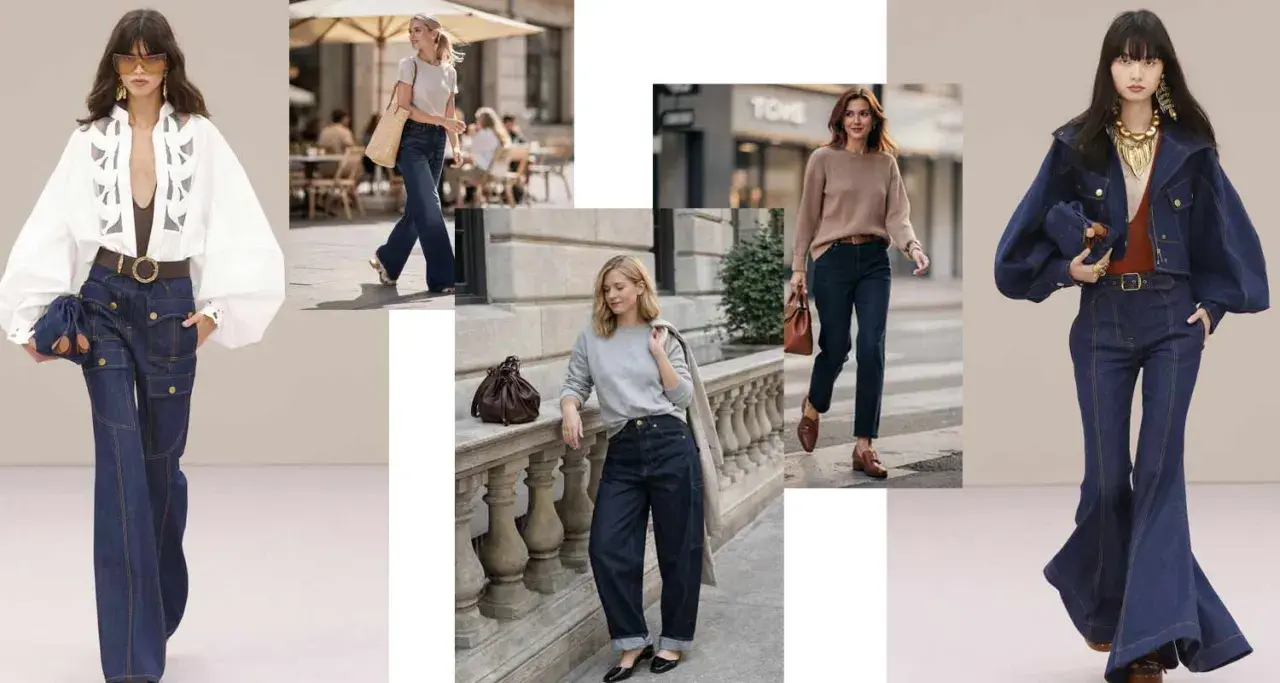 Kolekcja inspiracji: ciemne jeansy stylizacje od szerokich nogawek po dopasowane modele. Różne fasony i zestawy.