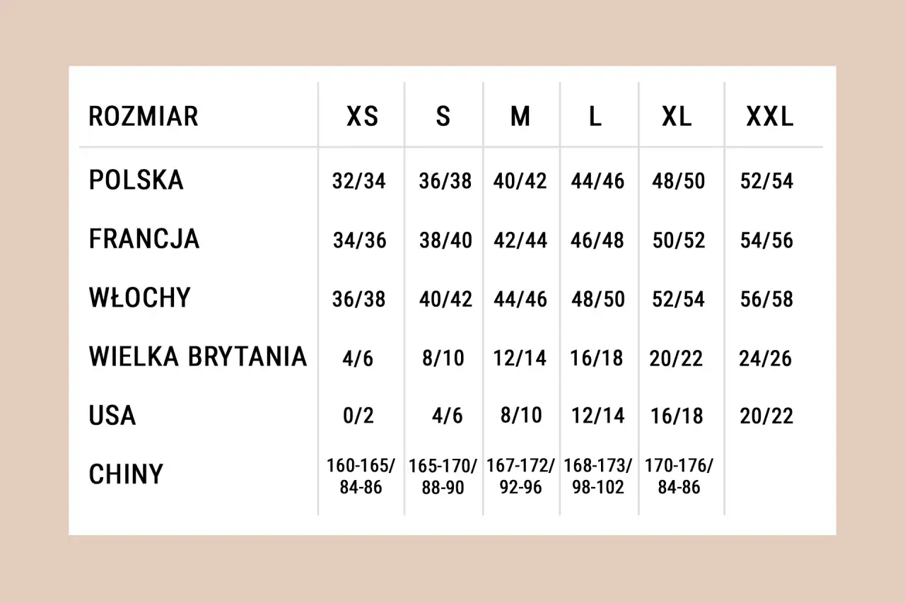 Tabela rozmiarów damskich: jaki to rozmiar spodni damskich? Polska 32/34 to XS, 40/42 to M, 48/50 to XL.
