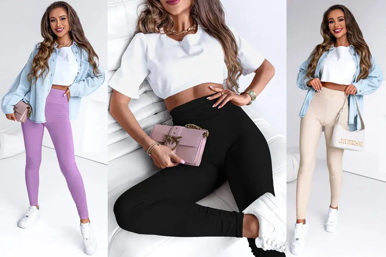 Trzy kobiety prezentują stylizacje z legginsami: fioletowymi, czarnymi i beżowymi. Jaka bluzka do legginsów? Krótki biały top lub jeansowa koszula.