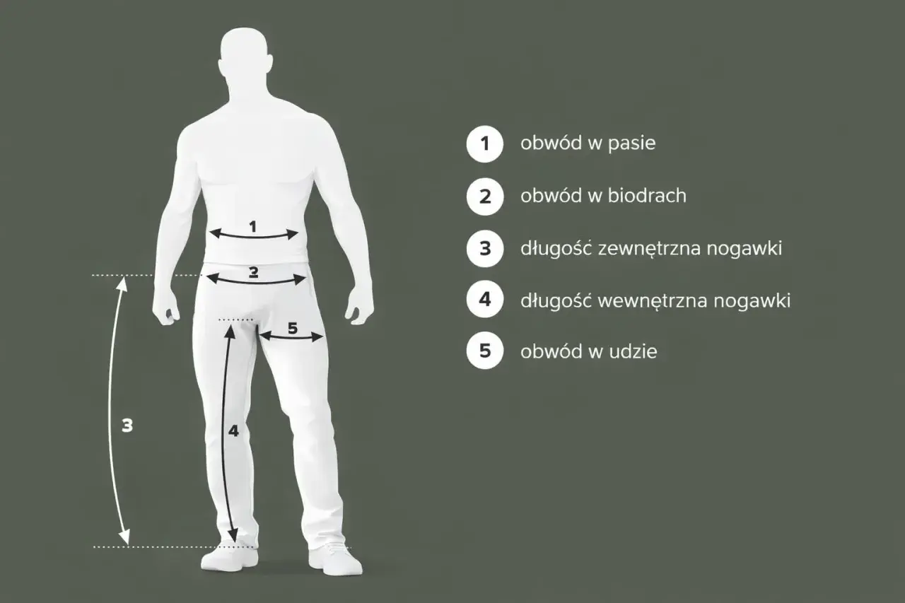 Męski manekin z wymiarami: obwód w pasie (1), biodrach (2), udzie (5), długość zewnętrzna (3) i wewnętrzna nogawki (4). Jaki to rozmiar?