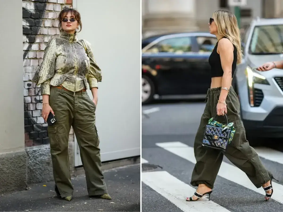 Dwie kobiety w spodniach cargo w kolorze khaki, który to kolor jest uniwersalny i modny. Jedna w bluzce z wzorem, druga w czarnym topie.