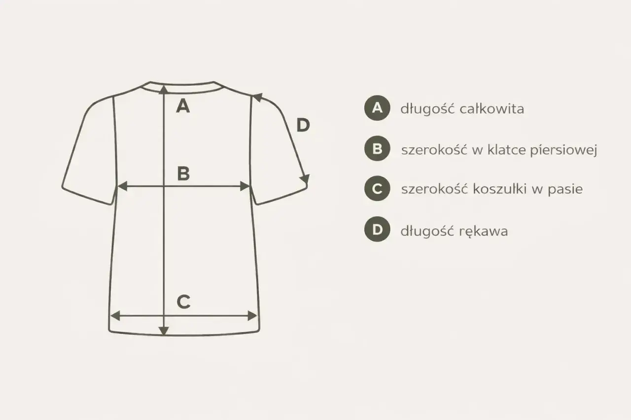 Schemat pokazuje, jak dobrać rozmiar t-shirt: długość całkowita (A), szerokość w klatce (B), szerokość w pasie (C) i długość rękawa (D).