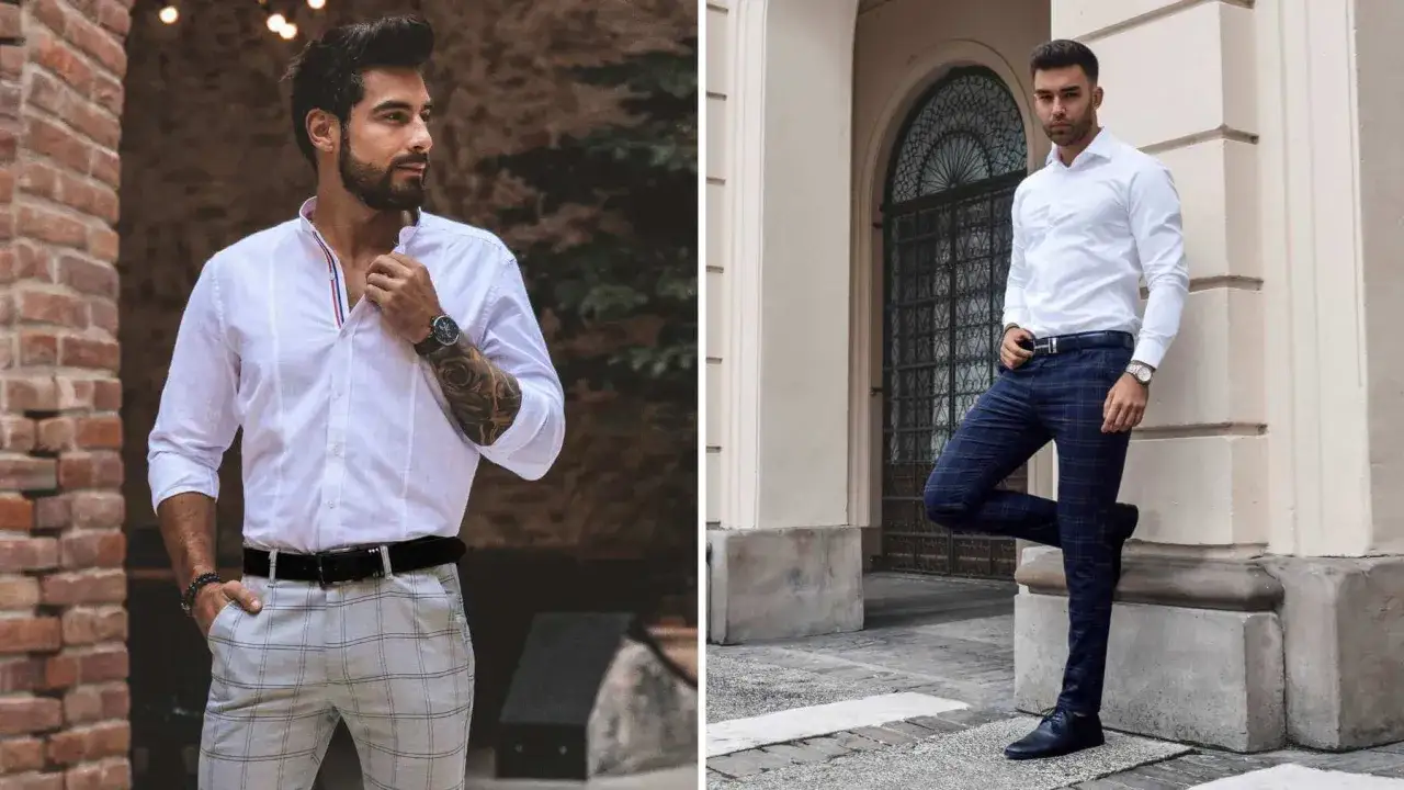 Elegancki mężczyzna w białej koszuli i chinosach. Zastanawiasz się, jakie buty do chinosów i koszuli? Zobacz inspiracje!