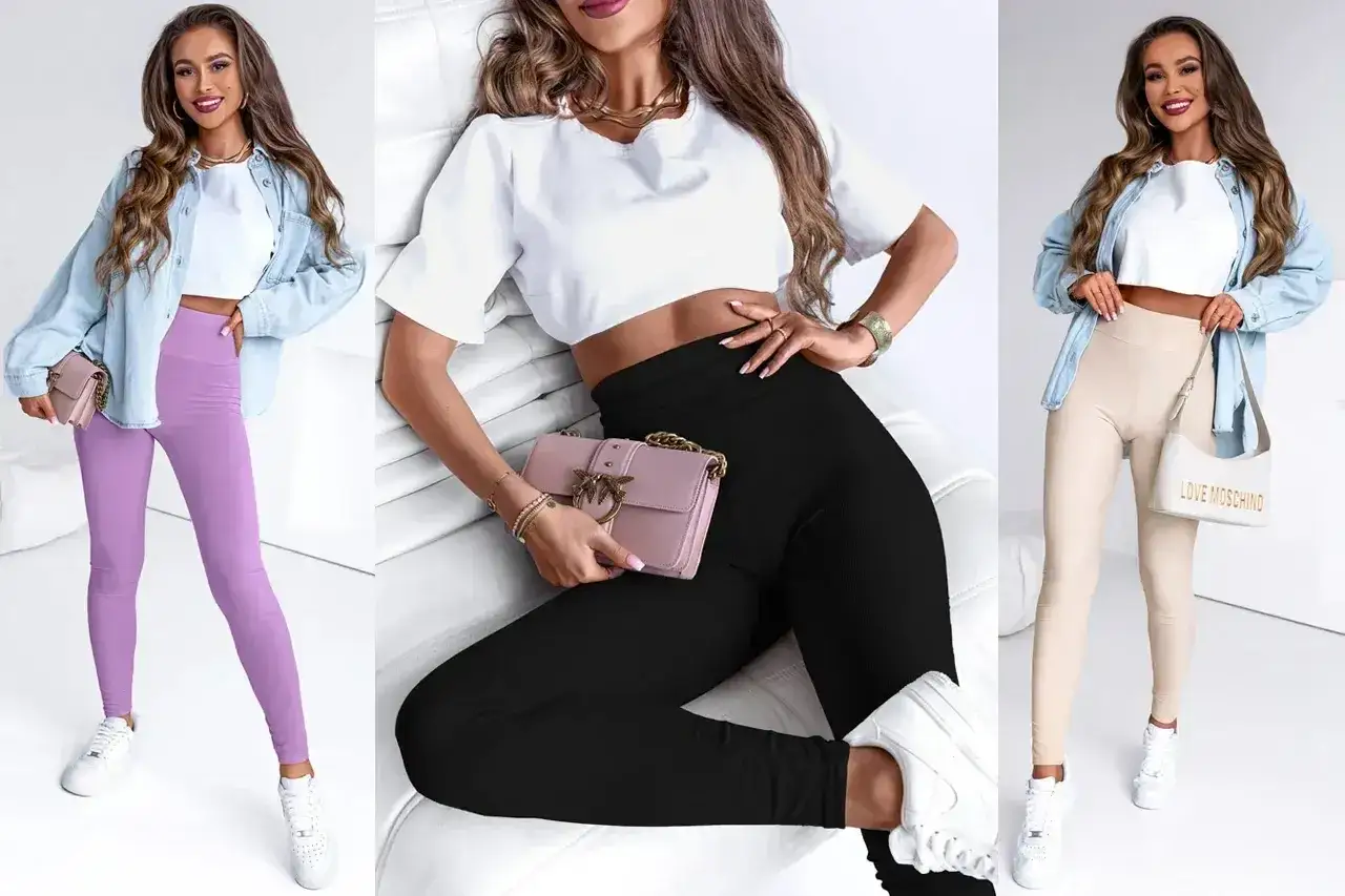 Trzy kobiety prezentują stylizacje z legginsami: fioletowymi, czarnymi i beżowymi. Idealna bluzka do legginsów to crop top lub luźna koszula.