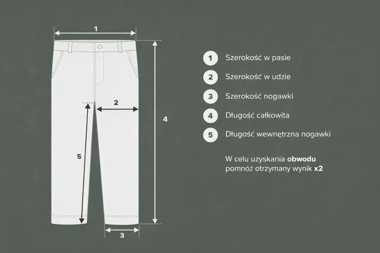 Jak zmierzyć spodnie: schemat pokazuje wymiary: pas (1), udo (2), szerokość nogawki (3), długość całkowitą (4) i długość wewnętrzną nogawki (5).