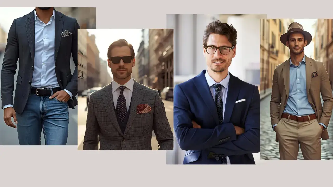 Eleganccy mężczyźni w garniturach i marynarkach. Zwróć uwagę na poszetkę w kieszeni marynarki – dodaje stylu!