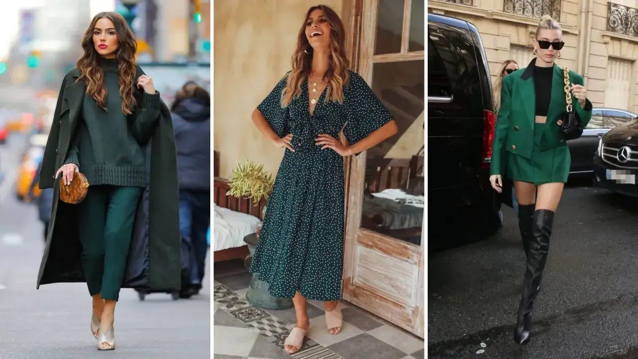 Kremowe, złote i beżowe buty świetnie pasują do butelkowej zieleni, tworząc eleganckie stylizacje.