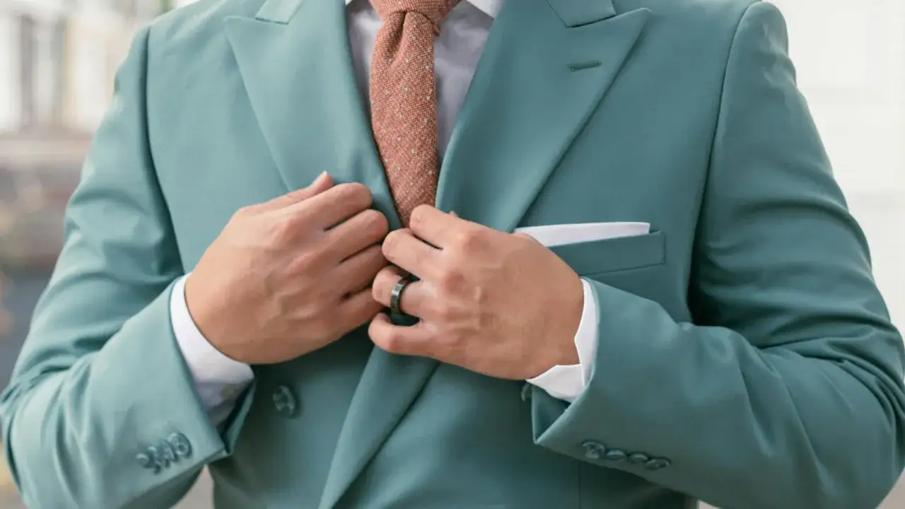 Elegancka poszetka w marynarce w kolorze miętowym, dopasowana do wzorzystego krawata.