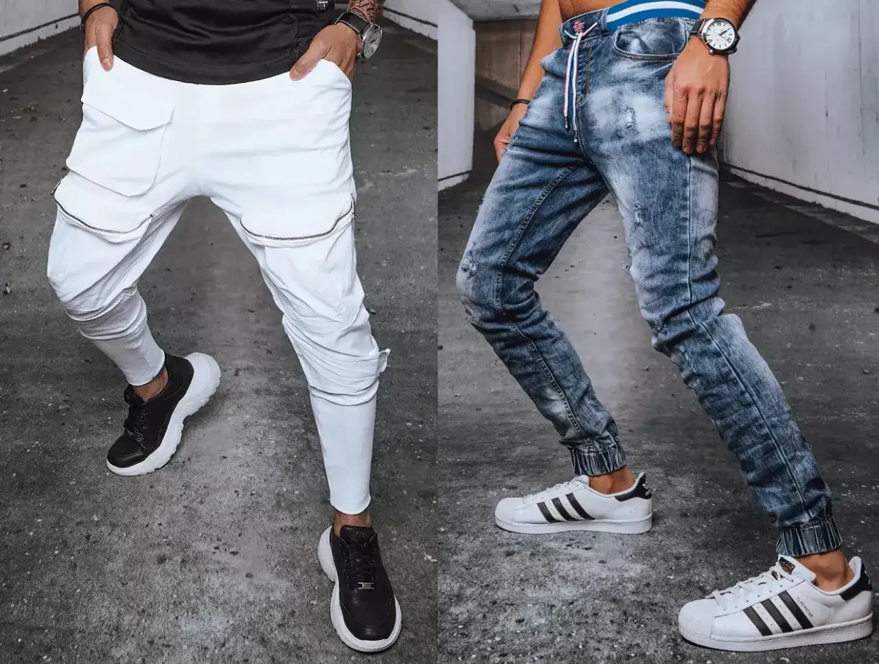 Dwa modele prezentują joggery: białe z zamkami i kieszeniami oraz jeansowe z przetarciami.