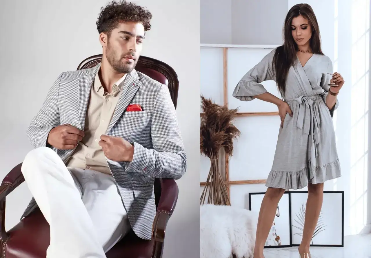 Mężczyzna w marynarce w kratkę i kobieta w szarej sukience prezentują styl business formal.