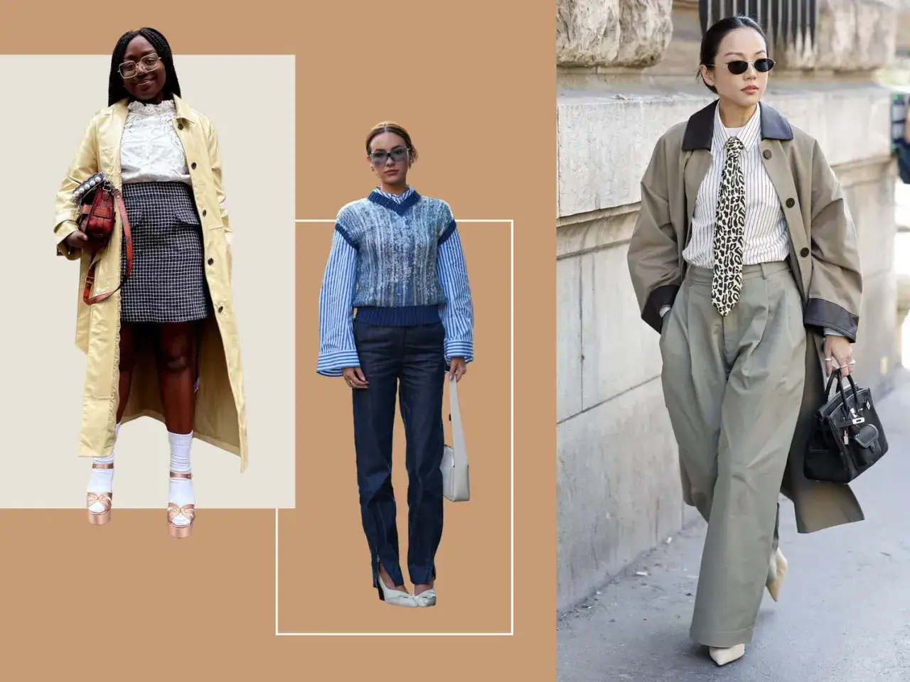 Stylizacje w stylu ivy league: trencz, krata, sweter w paski i luźne spodnie.