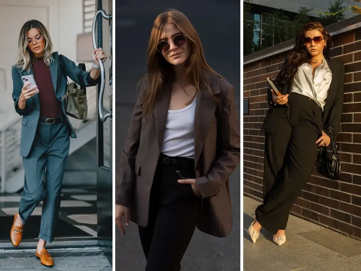 Trzy kobiety prezentują stylowe propozycje business dress code: garnitury, marynarki i eleganckie spodnie.