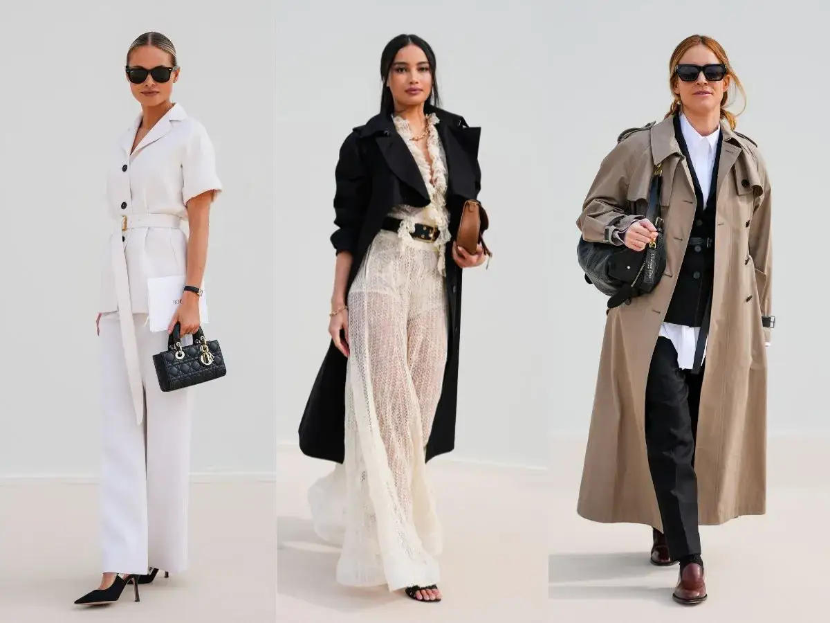Trzy kobiety prezentują eleganckie stylizacje, które idealnie wpisują się w dress code wieczorowy. Biały garnitur, koronkowa sukienka i klasyczny trencz z kamizelką.