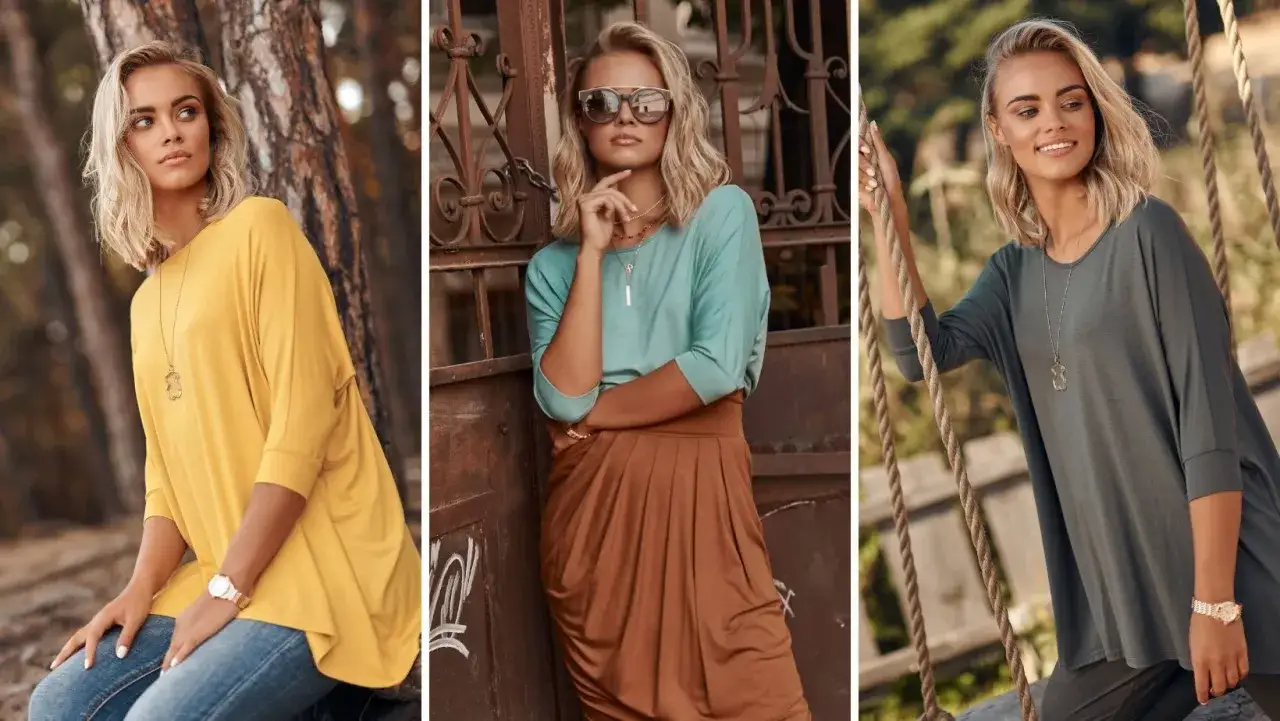 Kobieta w trzech stylizacjach: żółtej bluzce z naszyjnikiem, turkusowej bluzce i brązowej spódnicy, oraz szarej bluzce. Materiał bluzek przypomina delikatny nubuk.